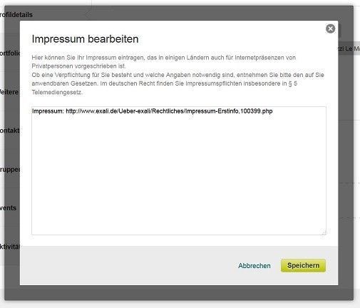 In das Impressumsfeld muss ein direkter Link zum Impressum der eigenen Website eingefügt werden.